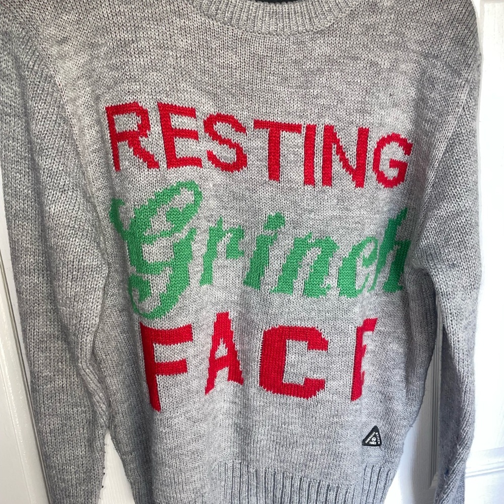 American Stitch Gray Sweater Resting Grinch Face
